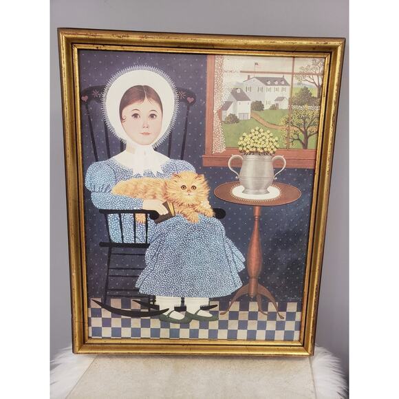LARGE VINTAGE PRINT Charles Wysocki Girl With Cat Framed Primitive Folk Art - Picture 1 of 10